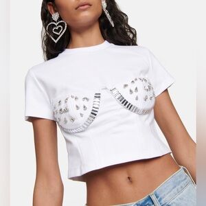 AREA Crystal Bustier Top Cropped White T-Shirt GORGEOUS Sold Out RARE